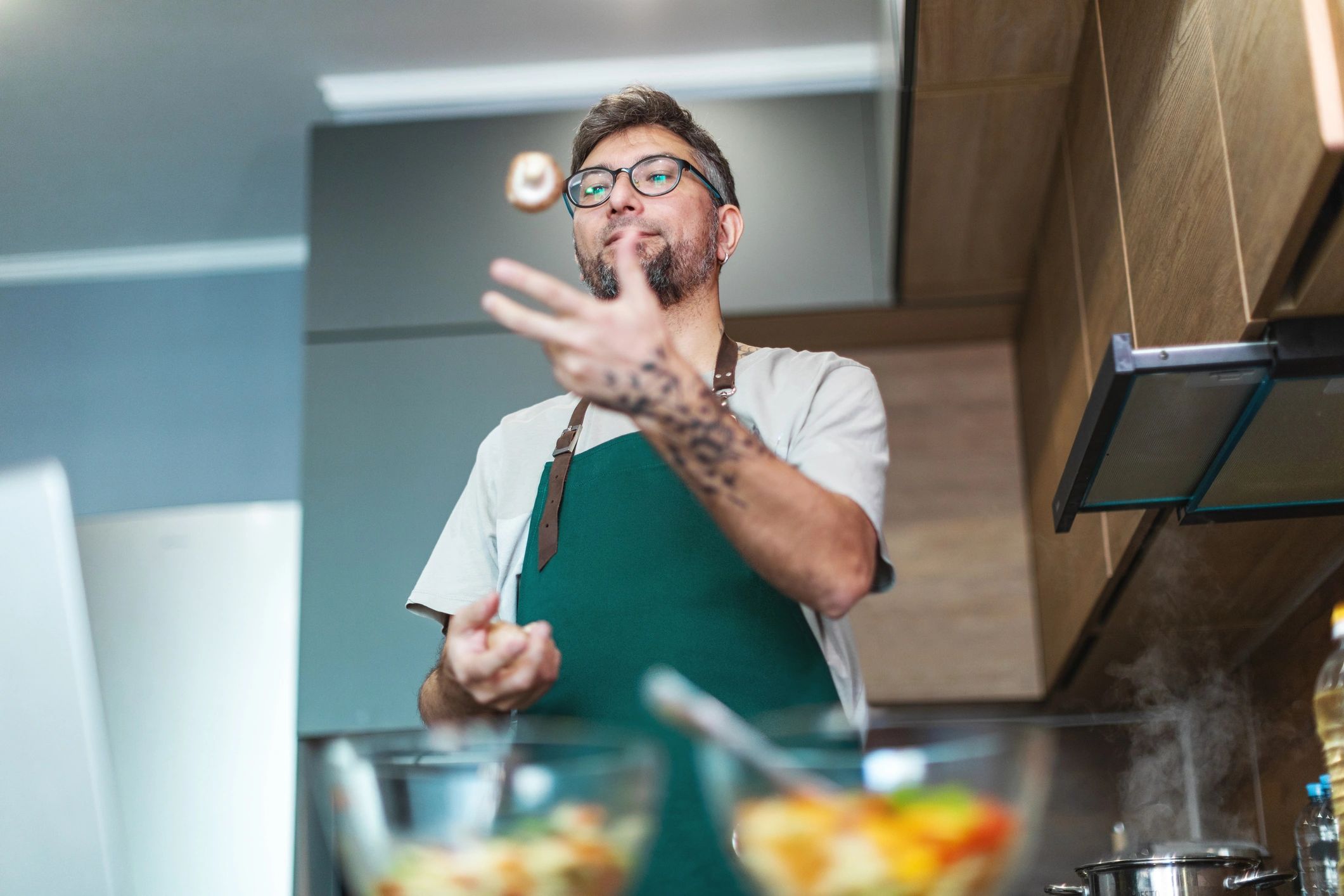 Personal chef preparing healthy meal in vibrant kitchen